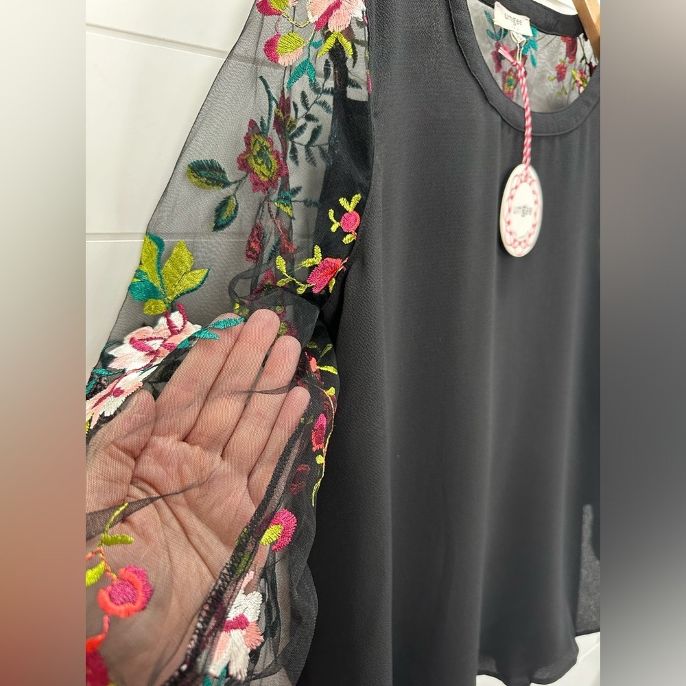 Umgee Black Top with Floral Embroidered Sheer Sleeves - Picture 6 of 11